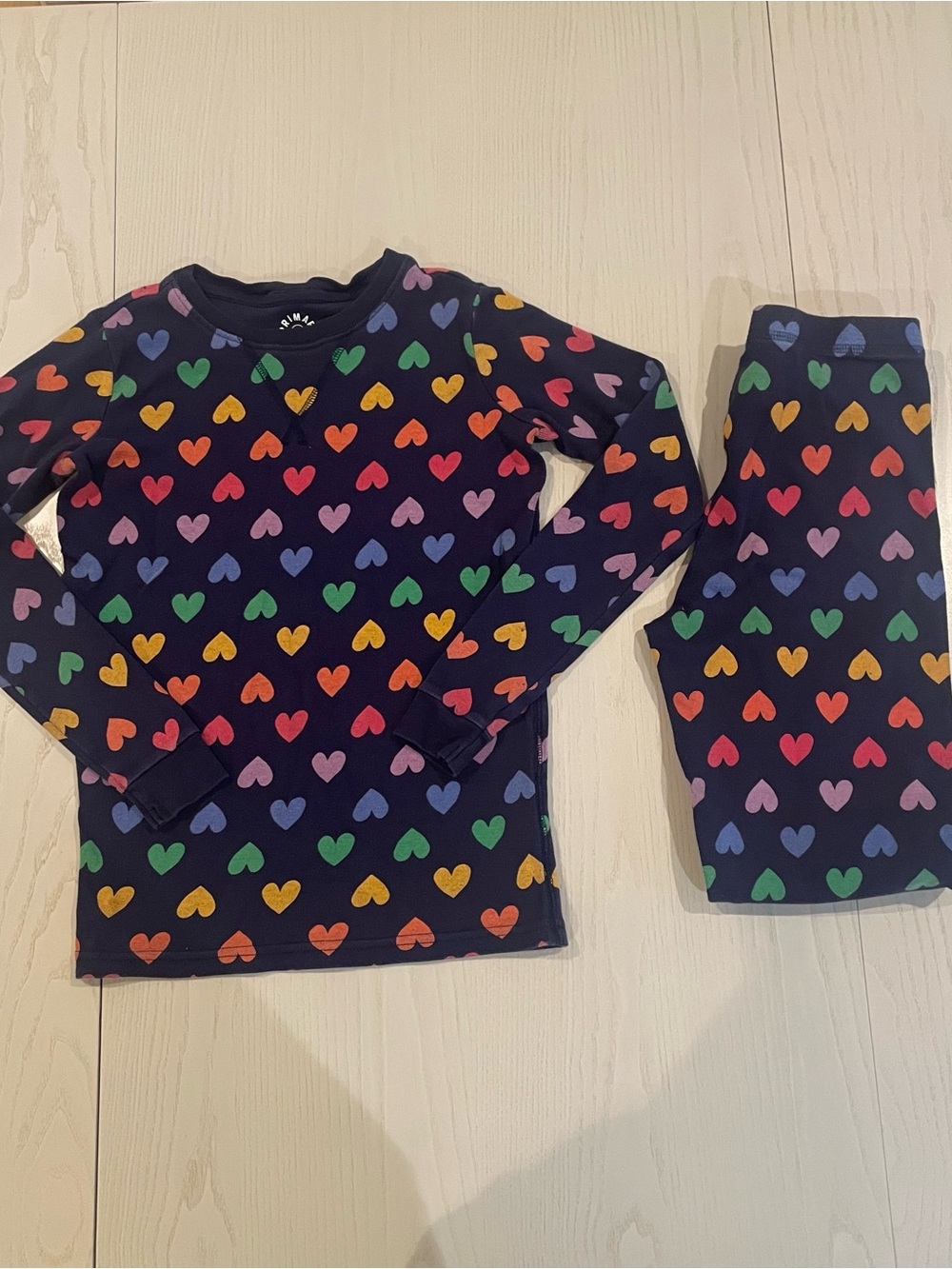 Primary Kids Long Sleeve Pajama Set Navy Rainbow Hearts - Size 12